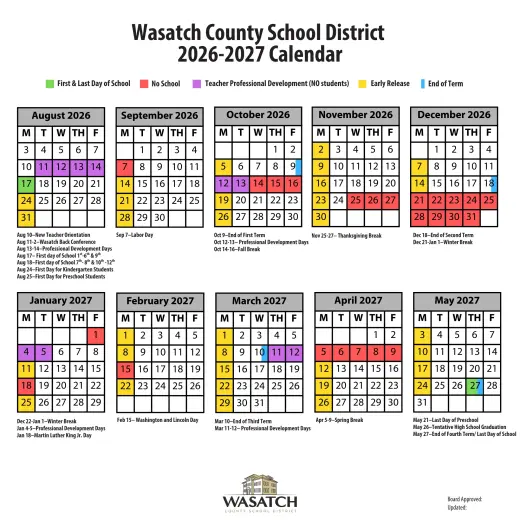 Wasatch County School District 2026–2027 Academic Calendar Page 1