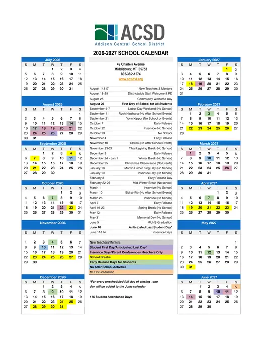 Addison Central School District 2026–2027 Academic Calendar
