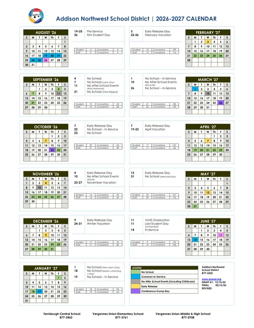 Addison Northwest School District 2026–2027 Academic Calendar
