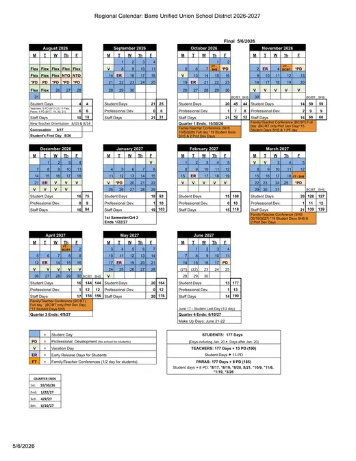 Barre Unified Union School District 2026–2027 Academic Calendar