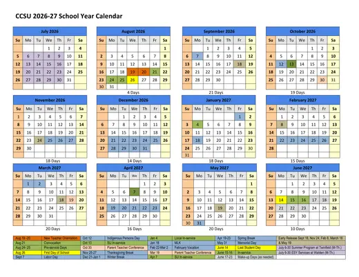 CCSU Caledonia Central Supervisory Union 2026–2027 Academic Calendar