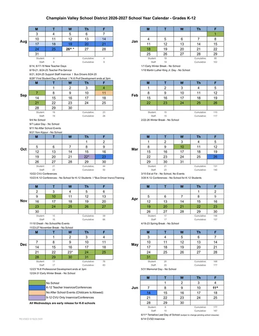 Champlain Valley School District 2026–2027 Academic Calendar