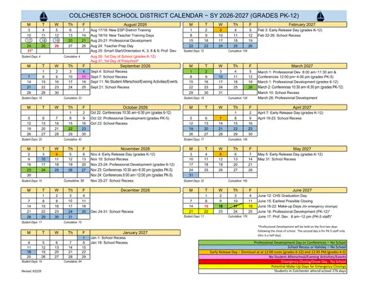 Colchester School District 2026–2027 Academic Calendar