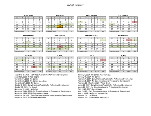 GMTCC Green Mountain Technology and Career 2026–2027 Academic Calendar