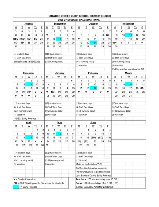 Harwood Unified Union School District (huusd) 2026–2027 Academic Calendar