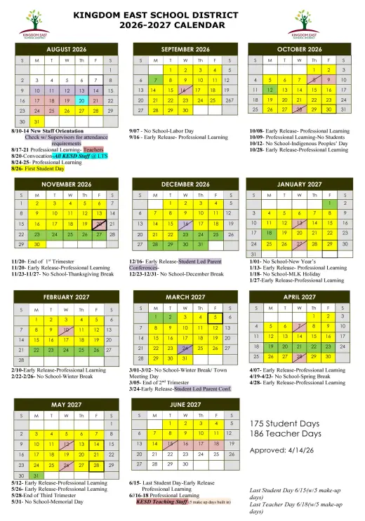 Kingdom East School District 2026–2027 Academic Calendar Page 1