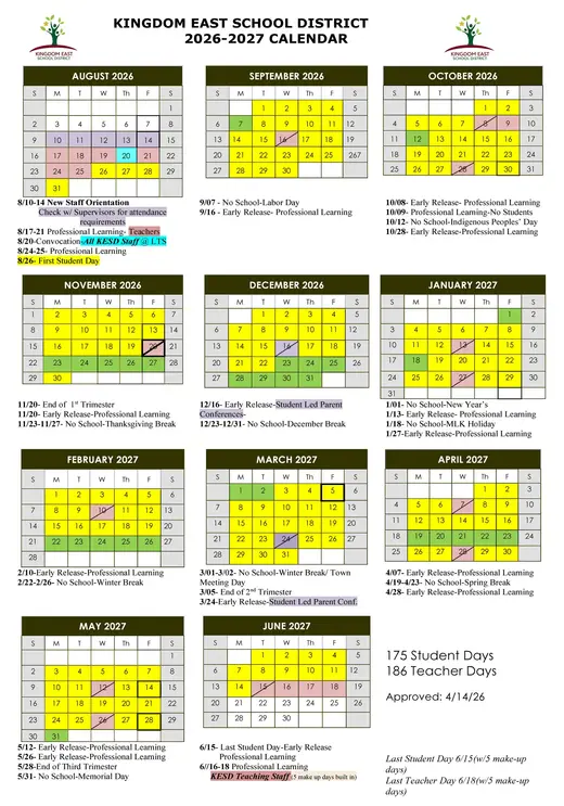 Kingdom East School District 2026–2027 Academic Calendar Page 2