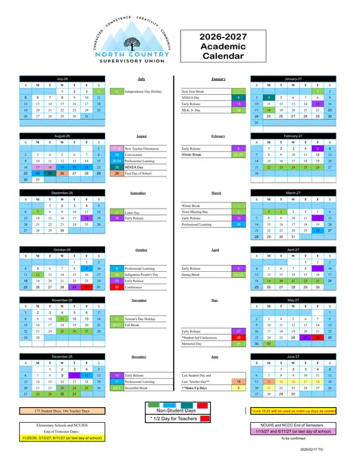 North Country Supervisory Union 2026–2027 Academic Calendar