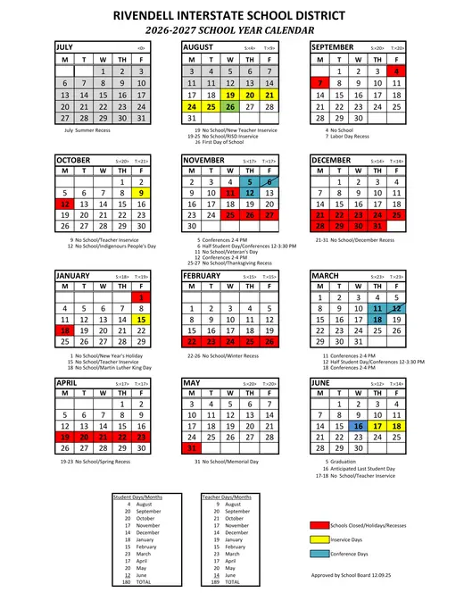 Rivendell Interstate School District 2026–2027 Academic Calendar