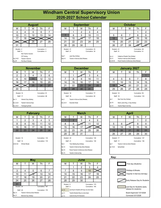 Windham Central Supervisory Union 2026–2027 Academic Calendar Page 1