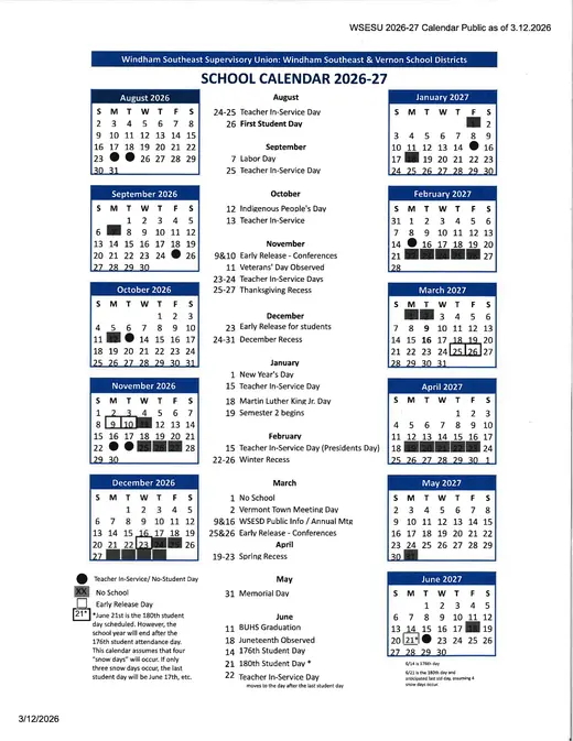 Windham Southeast Supervisory Union Windham Southeast &amp; Vernon School Districts 2026–2027 Academic Calendar