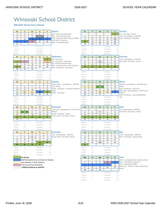 Winooski School District 2026–2027 Academic Calendar Page 1