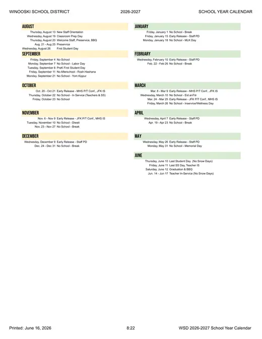 Winooski School District 2026–2027 Academic Calendar Page 2