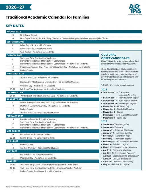 Alexandria City Public Schools 2026–2027 Academic Calendar Page 2