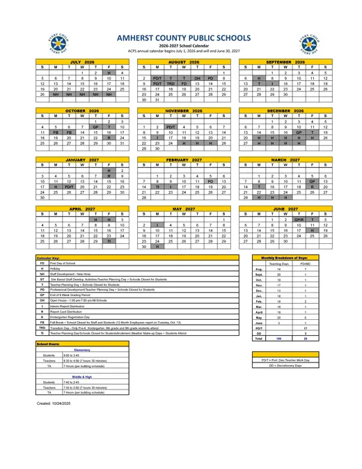 Amherst County Public Schools 2026–2027 Academic Calendar