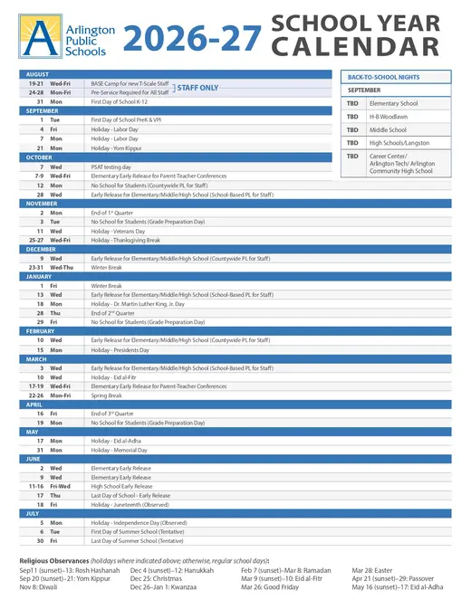 Arlington Public Schools 2026–2027 Academic Calendar Page 1
