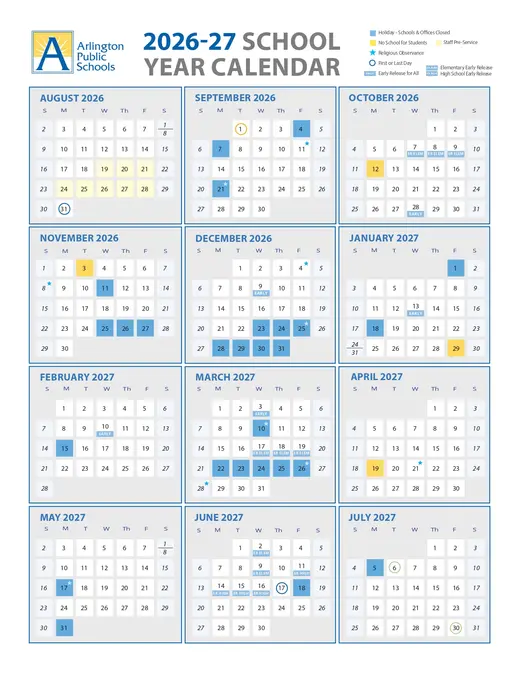 Arlington Public Schools 2026–2027 Academic Calendar Page 2