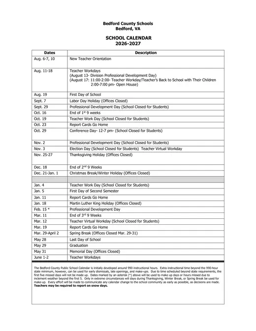 Bedford County Schools 2026–2027 Academic Calendar