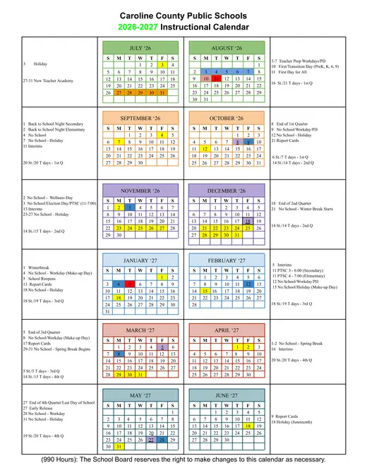 Caroline County Public Schools 2026–2027 Academic Calendar Page 1