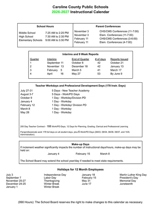 Caroline County Public Schools 2026–2027 Academic Calendar Page 2