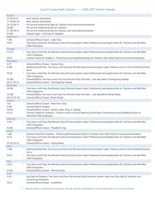 Carroll County Public Schools 2026–2027 Academic Calendar Page 1