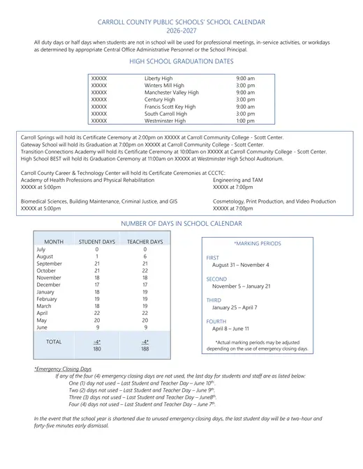 Carroll County Public Schools 2026–2027 Academic Calendar Page 2