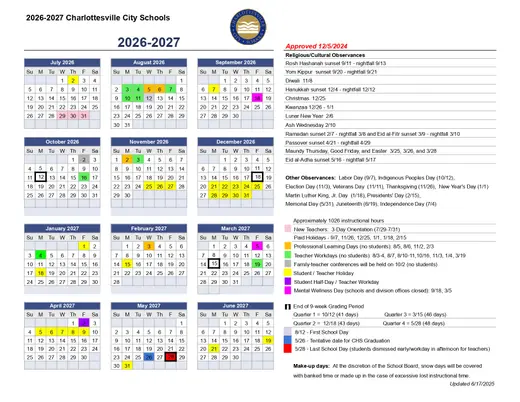 Charlottesville City Schools 2026–2027 Academic Calendar