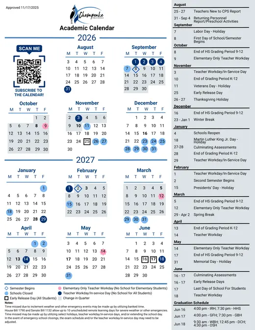 Chesapeake Public Schools 2026–2027 Academic Calendar