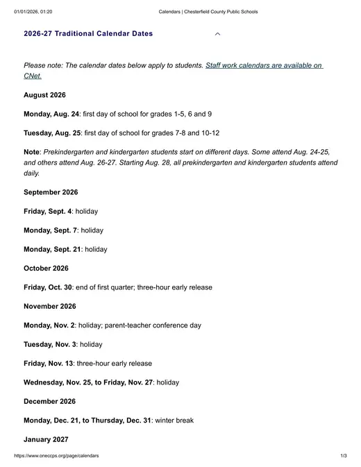 Chesterfield County Public Schools 2026–2027 Academic Calendar Page 1