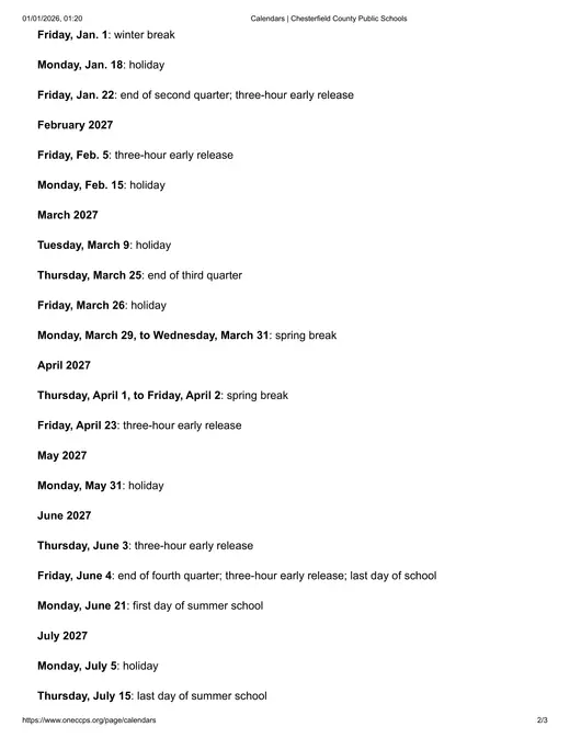 Chesterfield County Public Schools 2026–2027 Academic Calendar Page 2