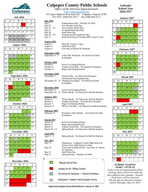 Culpeper County Public Schools 2026–2027 Academic Calendar