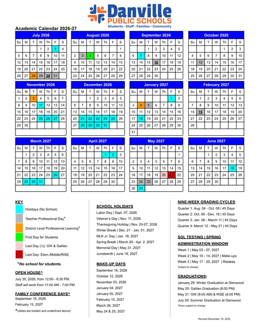 Danville Public Schools 2026–2027 Academic Calendar