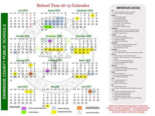 Dinwiddie County Public Schools 2026–2027 Academic Calendar Page 1