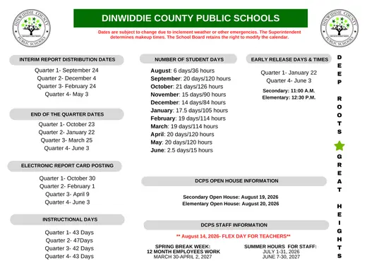 Dinwiddie County Public Schools 2026–2027 Academic Calendar Page 2