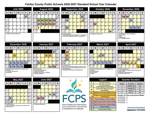 Fairfax County Public Schools 2026–2027 Academic Calendar