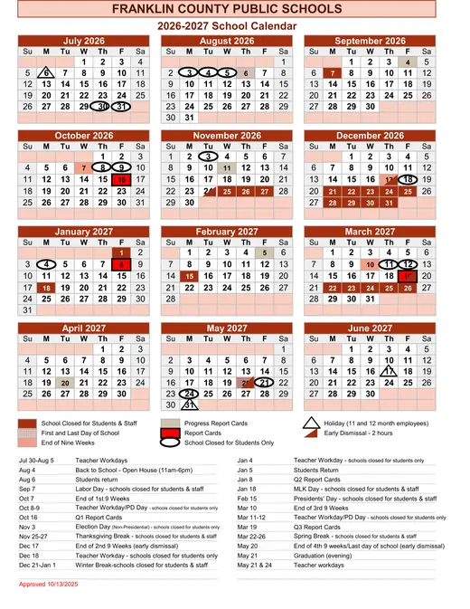 Franklin County Public Schools 2026–2027 Academic Calendar