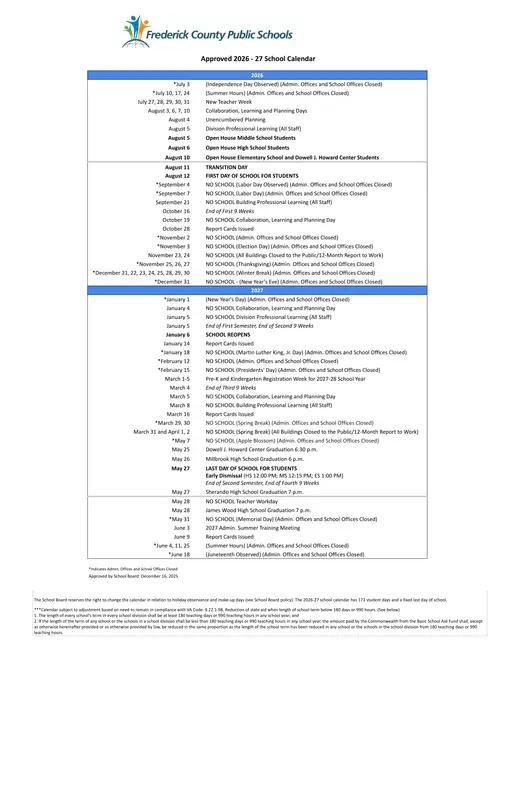 Frederick County Public Schools 2026–2027 Academic Calendar