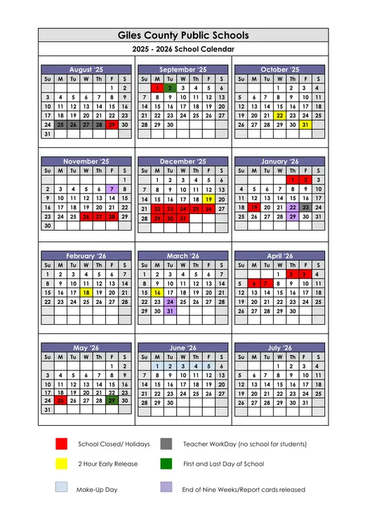 Giles County Public Schools 2025–2026 Academic Calendar Page 1