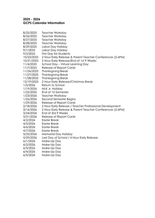 Giles County Public Schools 2025–2026 Academic Calendar Page 2
