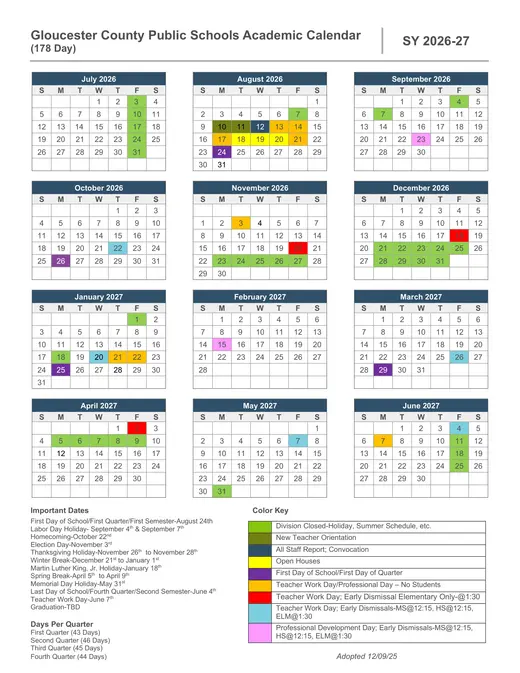 Gloucester County Public Schools 2026–2027 Academic Calendar