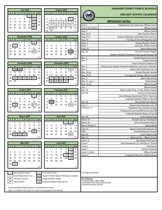 Hanover County Public Schools 2026–2027 Academic Calendar