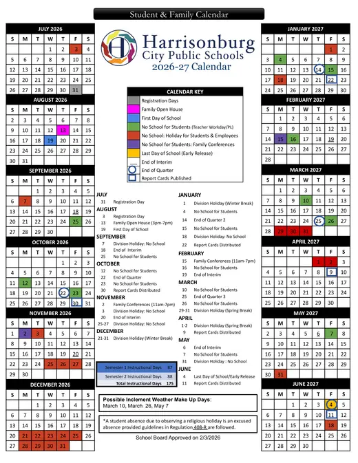 Harrisonburg City Public Schools 2026–2027 Academic Calendar