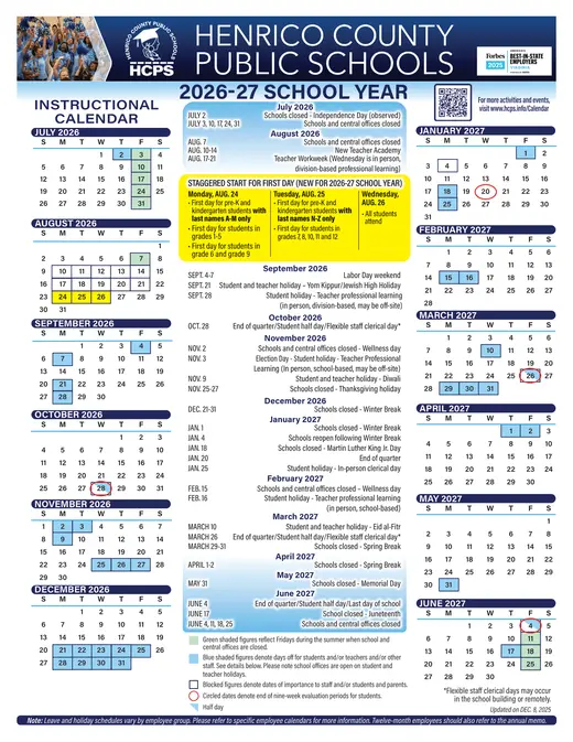 Henrico County Public Schools 2026–2027 Academic Calendar