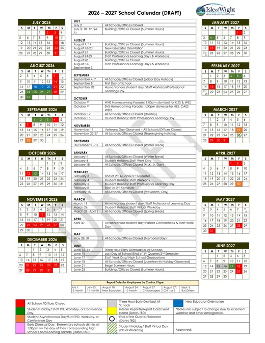 Isle of Wight County Schools 2026–2027 Academic Calendar Page 1