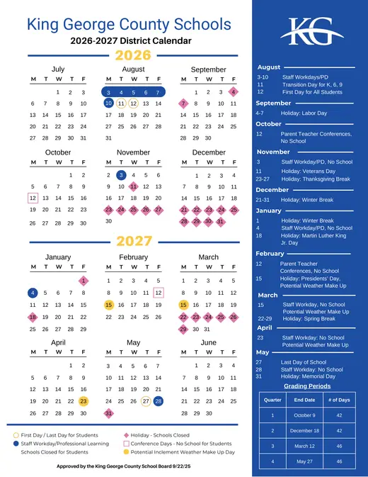 King George County Schools 2026–2027 Academic Calendar Page 1