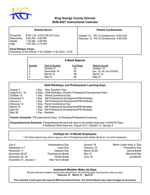 King George County Schools 2026–2027 Academic Calendar Page 2