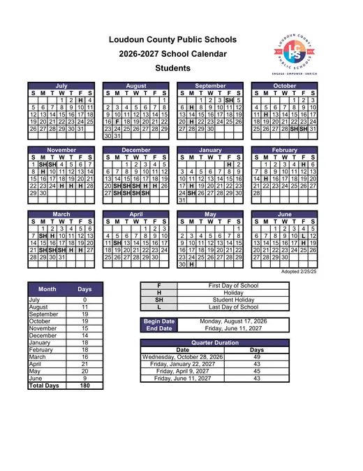 Loudoun County Public Schools 2026–2027 Academic Calendar Page 1