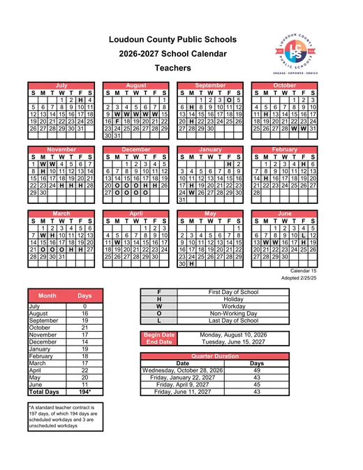 Loudoun County Public Schools 2026–2027 Academic Calendar Page 2