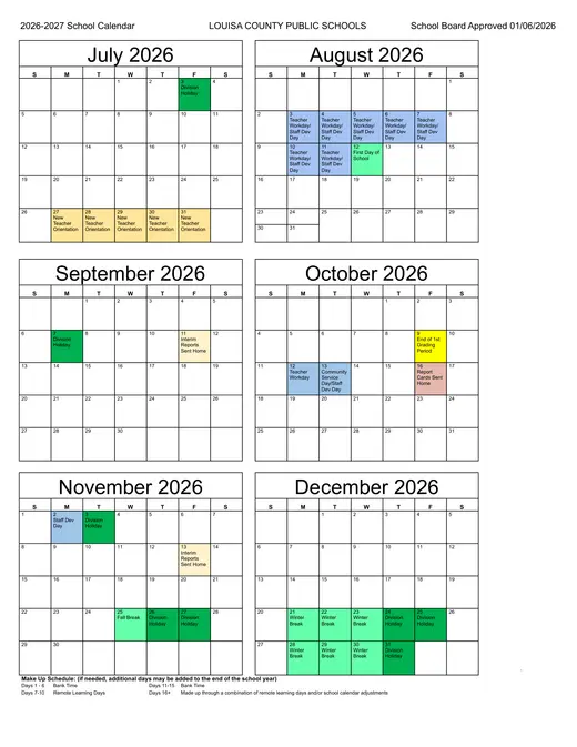Louisa County Public Schools 2026–2027 Academic Calendar Page 1