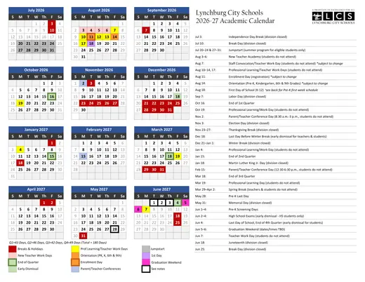 Lynchburg City Schools 2026–2027 Academic Calendar Page 1